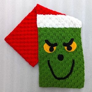 Handmade knit crochet Grinch Christmas scarf